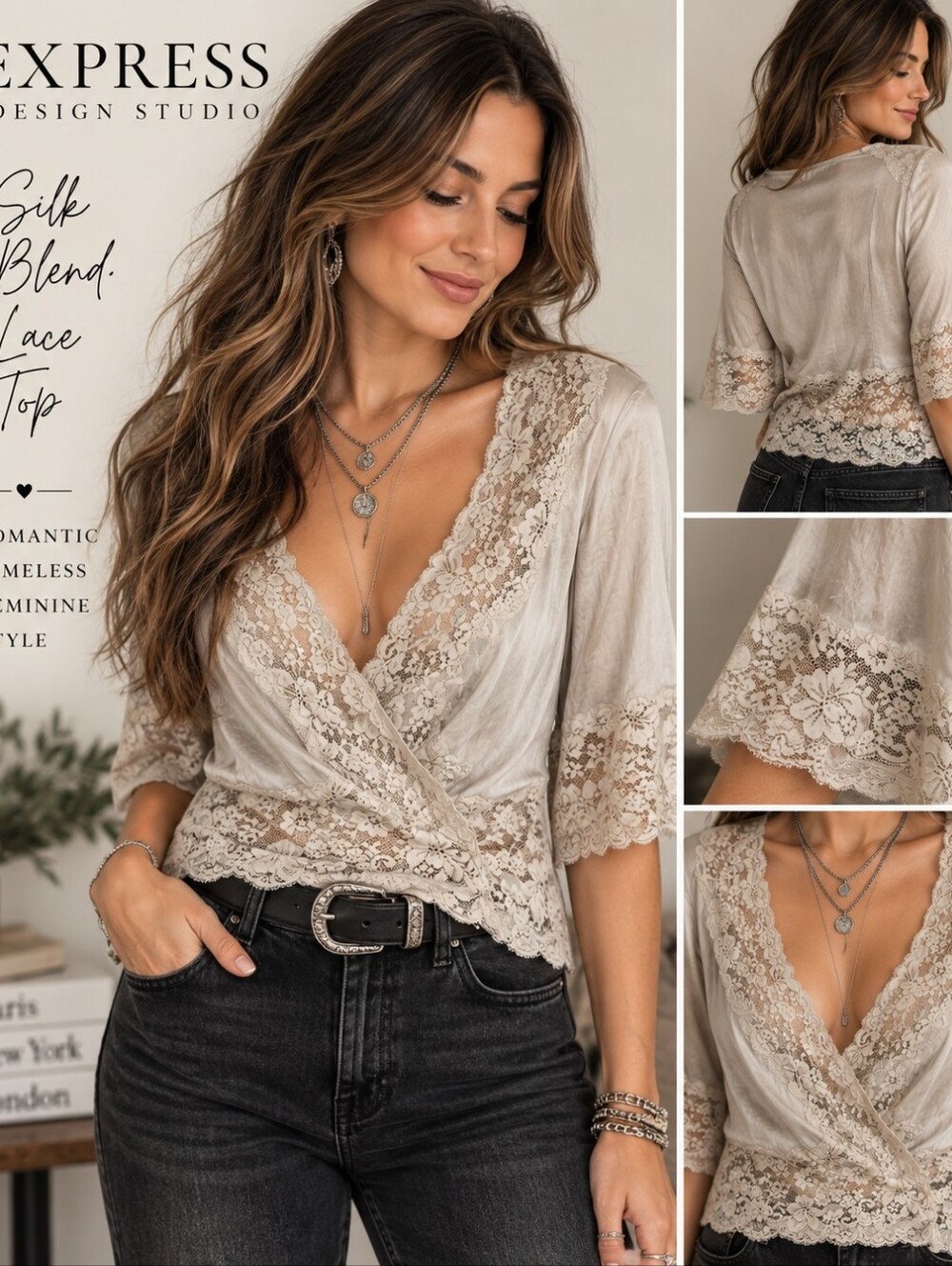 Express Design Studio Silk Blend Gray Lace V-Neck Top Women’s S Romantic
